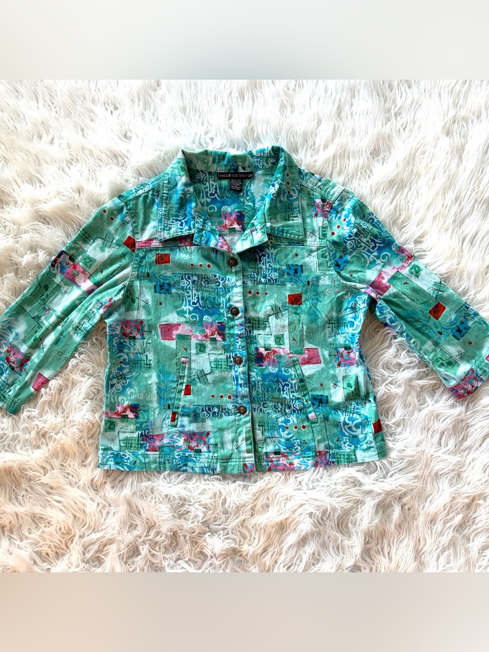 VTG Mirror Image Abstract Pop Art Denim Jacket Women's Teal Turquoise Green L